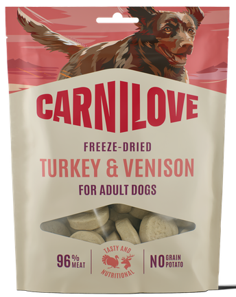 020-1319.png Carnilove Grain Free Dog Snack Freeze Dried Turkey & Venison Λιχουδιά Ψυχρής Ξήρανσης για Ενήλικους Σκύλους με Γαλοπούλα και Ελάφι 60 gr - Image 1