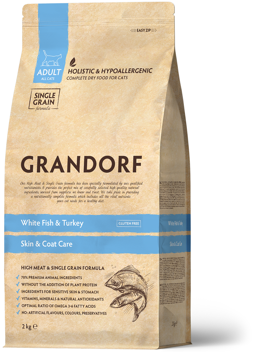 GDCD0402_5407007851263_GD-Cat-White-Fish-Adult-SkinCare-2-Kg.png Grandorf Ξηρά Τροφή για Ενήλικες Γάτες για Υποστήριξη Δέρματος και Τριχώματος με Λευκό Ψάρι 2 Kgr - Image 1